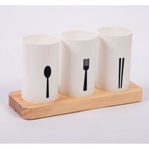 펀타스틱 주방 심플 원목 수저통 3p + 받침대 세트, 화이트 + 오크, 1세트