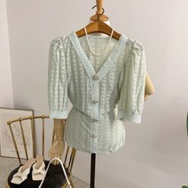 허니제이 / 스컬리 패턴 진주버튼 브이넥 반팔 블라우스(4color)