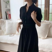 수입원피스 수입의류 세련된 한국 기질 레이디 롱 맥시 싱글 브레스트 버튼 셔츠 드레스 여성용 단색 블랙 봄 가을