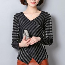 리우씨앤씨 봄 여성 예쁜 고급 마담 빅사이즈 블라우스 빤자기 재질 브이넥 스트라이프