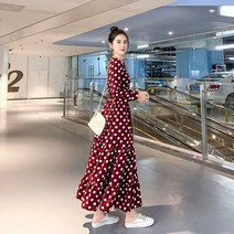 쉬폰 허리 스트링 롱원피스 뮤코 봄옷 프렌치 빈티지 슬림핏 도트 스커트 여 브이넥