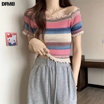 DFMEI 일자넥 반팔 레인보우 스트라이프 니트 여자 상의