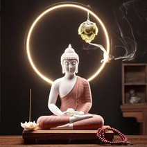 향 받침대 인센스 피우기 인센스콘 백단향 향꽂이 스틱홀더, 불상(레드)+램프+나무받침대 세트