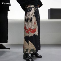Karrcat-야마모토 스타일 미디 스커트 빈티지 그런지 프린트 롱 스커트 일본 하라주쿠 블랙 스커트 세련된 디자이너 의류 스트리트웨어