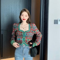 오버테이크니트 코발트블루니트 핫핑크니트 여성 자카드 꽃 자르기 탑 스웨터 카디건 코트 숙녀 웨어 빈티지 스퀘어 칼라 패션 모든 경기 여성 탑스