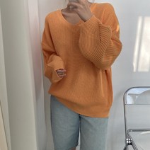 뜨개진 여성용 스캐폴 오버핏 소매 퍼프 브이넥 니트