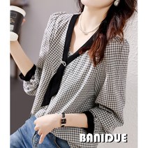 [바니드] 여성의류 기본핏 쉬폰 긴팔 탑 패션 셔츠 체크무늬 블라우스 0460