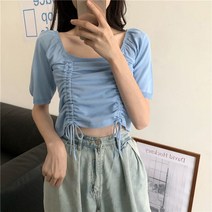 여성 여름 반팔 볼레로티 슬림핏 꾸안꾸 티셔츠 패션 주름 스퀘어넥 블랙 여학생 교복 초등학생 여대생 티