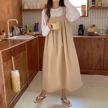 코튼100 끈조절 와이드 멜빵 핀턱 원피스 귀여운 루즈핏 내츄럴 원피스 풍성한치마