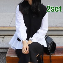 터치라인 여성 베스트 니트 조끼 블라우스 세트