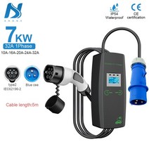 Khons 휴대용 전기 자동차 충전기 타입 2 충전기 케이블 16A 32A EV 3 상 EVSE 충전 박스 11kw 7kw, 3.7KW 32A 1Phase - Type2