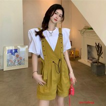 puildaug 백밴드 바지 세트 여성 여름 루즈 탑 셔츠 캐주얼 허리 샴 반바지 2 피스 세트