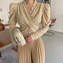 빈스홀릭 랩 퍼프 레이스 기모 블라우스