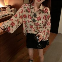 퐁순싸롱 루즈핏 여름 긴 소매 장미 꽃 쉬폰 셔츠 블라우스 SH