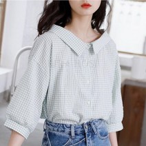 kirahosi 빈티지 반팔 여름 체크 블라우스 여성 셔츠 37호 AGwftgmx