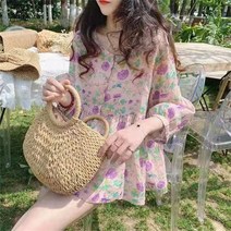 여성 루즈핏 캐쥬얼 롱 티셔츠 여름 빅사이즈 꽃무늬 블라우스