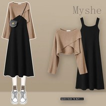 [Myshe]여성 가을 귀여운 니트 나시 원피스 세트 Shefei105TZ4