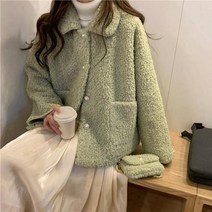 여성 양털 자켓 뽀글이 겨울 퍼 플리스 코트 점퍼 Deeptown kawaii 램 울 버튼 자른 오버 사이즈 스타일 화이트 그린 칙 2022