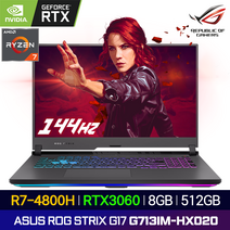 ASUS ROG STRIX G713IM-HX020 게이밍 노트북 RTX3060 그래픽 고사양, ROG Strix G17 G713IM-HX020, Free DOS, 8GB, 512GB, AMD Ryzen 7 4800H, 이클립스 그레이