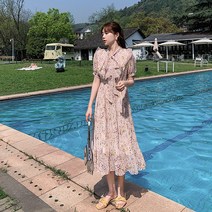 잇츠스타일 연분홍 주름 쉬폰 플라워 롱원피스 데이트룩 미팅룩 소개팅룩 여성스러운원피스