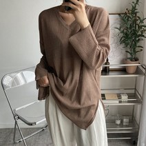 뜨개진 여성용 오버핏 옆트임 골지 롱 한나 브이넥 니트