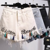 가바바 여성 빅사이즈 청반바지 달롱달롱 테슬장식 데님 반바지 G46946