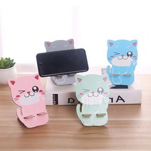 고양이 캐릭터 원목 스마트폰 거치대 받침대 조립형 탁상용, 블루