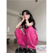 오버롤 데님 멜빵바지 핑크 점퍼수트 팬츠 캐주얼 점퍼슈트