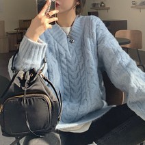 블루 브이넥 굵은 니트 여 추동 일본식 보송보송 꽈배기 톱 도톰