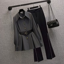 여성 이력서사진옷 면접 정장 자켓 어 패션 여성 바지 정장 가죽 벨트 쉬폰 셔츠 블랙 실버 투피스 세트 Office Blazer