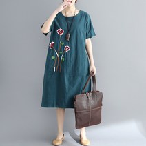 반팔원피스 여름옷 단아한 클래식 에스닉 무드 꽃자수 면린넨 와이드 루즈핏 배가리고 슬림해보이는 캐쥬얼 1436518119