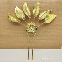 헤어악세사리 머리끈 집게핀 리본 핀 Chinese Retro Style Golden Leaf Hairpin Diamond-Inlaid Thai Ethni