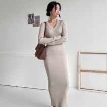 [바보사랑] 여자 스판 맥시 긴팔 타이트 니트 무지 원피스