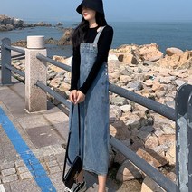 빅사이즈 여성 멜빵 치마 포켓 스커트 복고풍 데님 원피스