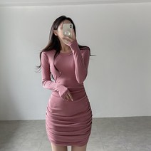 어멜리스 여성용 베이직 미니미 셔링 긴팔 라운드 원피스 (6color)