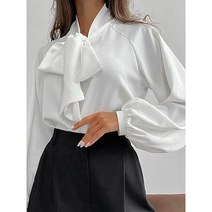 타이블라우스 우아한 새틴 벌룬 레이스 업 셔츠 여성용 세련된 오피스룩 리본 빈티지 패션 시크한 상의 봄