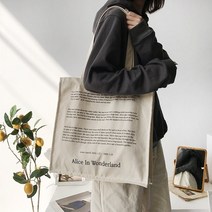 구스이불 여성 캔버스 숄더 백 동화 인쇄 데일리 쇼핑백 학생 도서 가방 두꺼운 면 천, 베이지색 앨리스