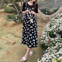 잇츠스타일 [L-4XL] 리본 민소매 페이크 블랙 여름 원피스