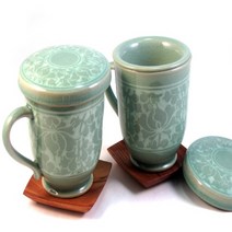 청자백상감 당초문 둥근 머그 다기세트 (2P) / 1인다기 찻잔 다도