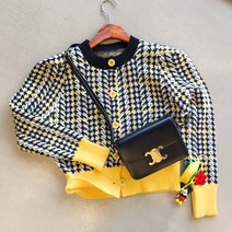 팬시 제비 체크 배색 퍼프 셔링 라운드 크롭 니트가디건 (3color)