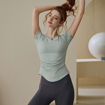 필라테스복 가슴패드달린 요가복여성 여름 옷 복조깅 필라테스전문 헬스 상의 고급감 스커트운동 반팔 T셔츠, C01-그린색