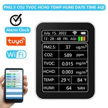 공기질측정기 Tuya-WIFI 대기질 모니터 알람 시계 PM2.5 HCHO TVOC 이산화탄소 검출기 CO2 미터 온도 습도 테스터, [03] Black-No WIFI, Black-No WIFI