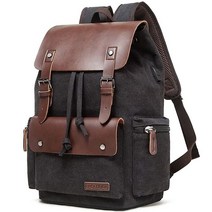 Lacattura 남성 및 여성용 빈티지 가죽 백팩 데님 캔버스 노트북 배낭 블랙. 15.6 inch 빈티지, Black