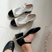 3컬러 배색 메리제인슈즈 에나멜 청키힐 진주굽 하객구두 4cm
