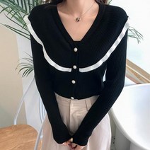 SN 가디건자켓 화이트 케이프 니트가디건 진주 단추 포인트 빅카라
