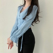 탑니트 발레리나 쉬폰 프릴 브이넥 블라우스