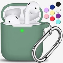 r-fun airpods 케이스 커버 apple airpods 2세대 1세대 충전 케이스와 호환되는 여성용 남성용 키체인이 있는 부드러운 실리콘 보호 커버 전면 led가 보이는, 디나이트 그린