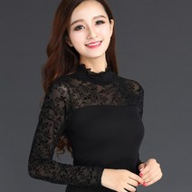 목이넥 망사 레이스 레깅스 슬림 긴팔 티셔츠 여성 상의