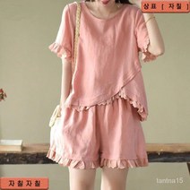 TANC BestStar 순면 캐주얼 세트 여 면 린넨 빅 사이즈 티셔츠 와이드 반바지 투피스