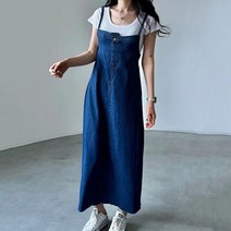 여성 슬링 가역 데님원피스 청 데님 가을 긴팔 레트로 롱 여름 멜빵 드레스 허리 디자인